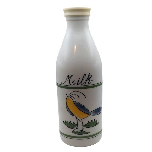 Vintage Egizia White Glass Milk Bottle Handpainted Bird Rubber Cap Italy - Picture 1 of 9